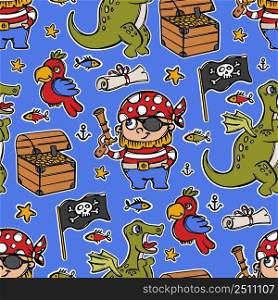 PIRATE AND CHEST WITH GOLD Cartoon Seamless Pattern Print