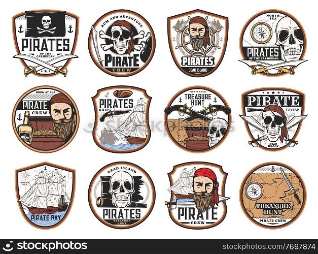 Pirate and corsair icons with vector skulls, captains, ships, treasure map and chest. Pirate black flags, eye patches, guns and swords, sail boat, helm, compass, rum and spyglass isolated badges. Pirate and corsair icons, skulls, captains, ships