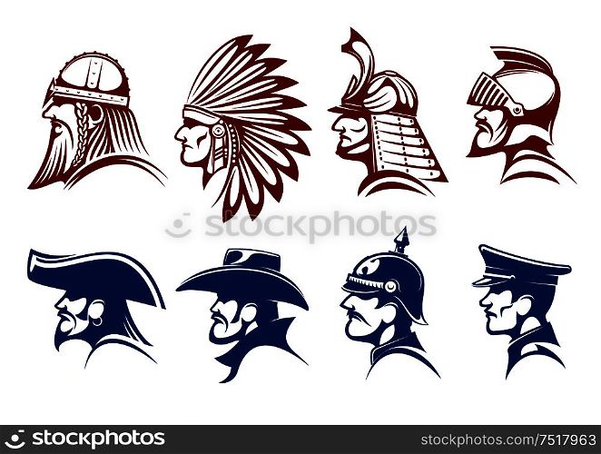 Pirate and cowboy, viking warrior and native american indian, medieval knight and japanese samurai, general of prussian army and german soldier icons with blue and brown profiles of brave men. Blue and brown icons of warriors, soldiers symbols
