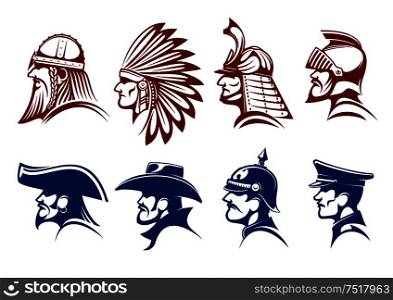 Pirate and cowboy, viking warrior and native american indian, medieval knight and japanese samurai, general of prussian army and german soldier icons with blue and brown profiles of brave men. Blue and brown icons of warriors, soldiers symbols