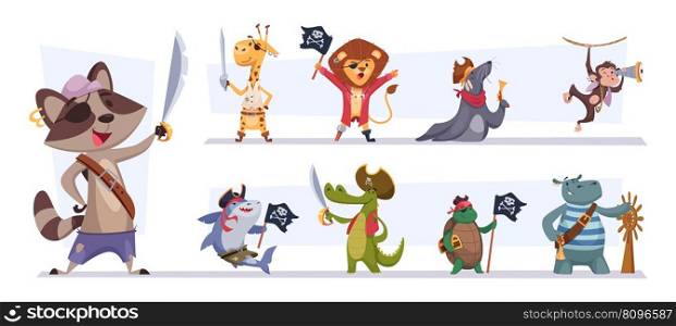 Pirate animals. Cute funny cartoon sailors animals in pirate costumes with weapons exact vector pictures set isolated. Illustration of sailor shark and tortoise, alligator or lion. Pirate animals. Cute funny cartoon sailors animals in pirate costumes with weapons exact vector pictures set isolated