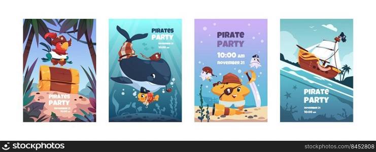 Pirate animals posters. Cartoon cute marine characters in pirate costumes, summer party banners and invitations. Vector flyers with funny animals of kid party card, pirate mascot illustration. Pirate animals posters. Cartoon cute marine characters in pirate costumes, summer party banners and invitations. Vector flyers with funny animals collection