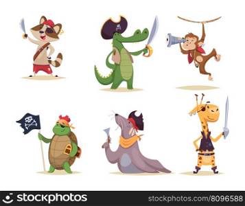 Pirate animals. Wild animals in action poses with pirate attributes clothes and weapons exact vector colored cute illustrations of pirate animal, wild and fauna. Pirate animals. Wild animals in action poses with pirate attributes clothes and weapons exact vector colored cute illustrations