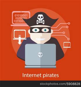Pirate attacking with a knife a laptop computer as internet pirate. Can be used for web banners, marketing and promotional materials, presentation templates