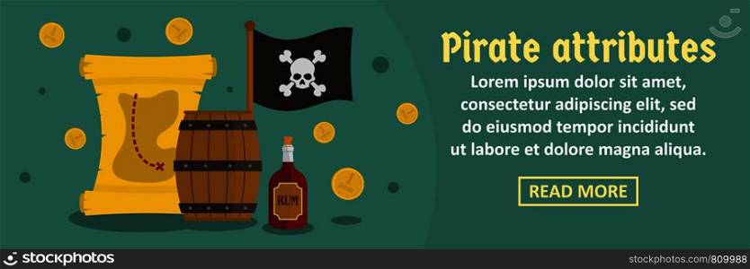 Pirate attributes banner horizontal concept. Flat illustration of pirate attributes banner horizontal vector concept for web design. Pirate attributes banner horizontal concept