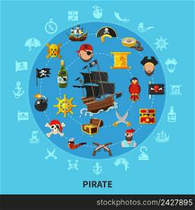 Pirate attributes including sail ship, weapon, treasure, map, parrot, round cartoon composition on blue background vector illustration. Pirate Attributes Cartoon Composition