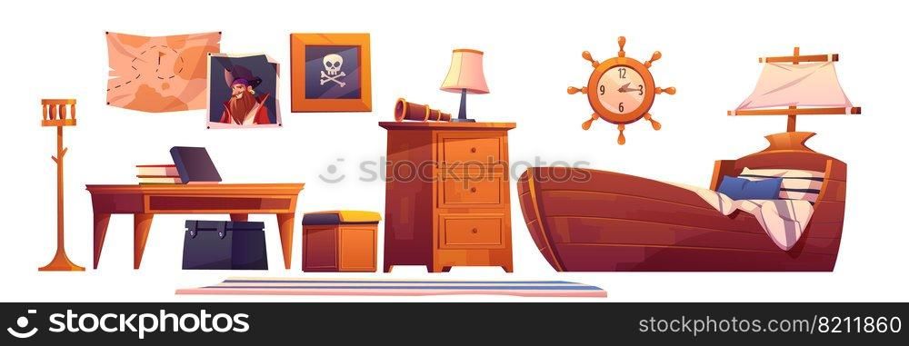 Pirate baby room interior set, thematic furniture and accessories ship bed with sail, steering wheel clock, treasure map, jolly roger scull picture, table, books, spyglass Cartoon vector illustration. Pirate baby room interior set, thematic furniture