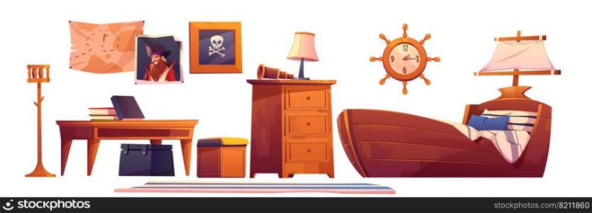 Pirate baby room interior set, thematic furniture and accessories ship bed with sail, steering wheel clock, treasure map, jolly roger scull picture, table, books, spyglass Cartoon vector illustration. Pirate baby room interior set, thematic furniture
