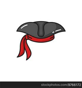 Pirate black hat with red bandana, captain headwear isolated sailor cap outline icon. Vector robber fancy outfit with broad poles, seafarer tricorn headdress. Halloween carnival head costume accessory. Caribbean captain headwear, pirate hat, sailor cap