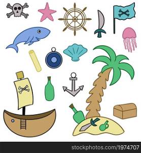 Pirate bundle hand drawing, vector illustration. Collection with a ship, an anchor chest and marine life. Doodle set sea robbers.. Pirate bundle hand drawing, vector illustration.