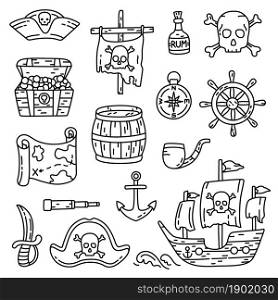 Pirate bundle outline sketch. Hat, flag, ship and skull with bones. Pirate emblem, bottle of rum, compass and treasure chest. Barrel, map, pipe, anchor and dagger. Vector items