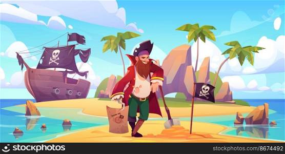 Pirate buried treasure chest on island beach. Vector cartoon character with hook, wooden leg and beard in sailor costume. Illustration of tropical island, pirate ship, capitan and flag with skull. Pirate buried treasure chest on tropical island