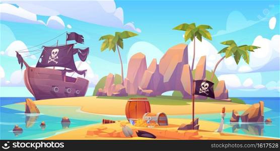 Pirate buries treasure chest on island beach. Vector cartoon illustration of sea landscape with wooden ship with skull on black sails, uninhabited tropical island and capitan hat in dug hole. Pirate buries treasure chest on island beach
