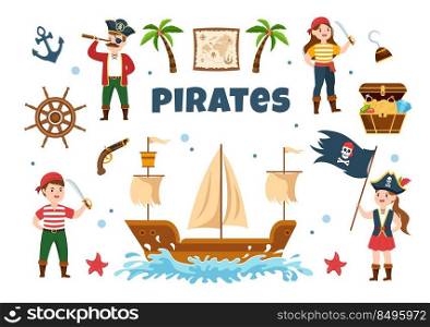 Pirate Cartoon Character Illustration with Treasure Map, Wooden Wheel, Chests, Parrot, Pirate, Ship, Flag and Jolly Roger in Flat Icon Style