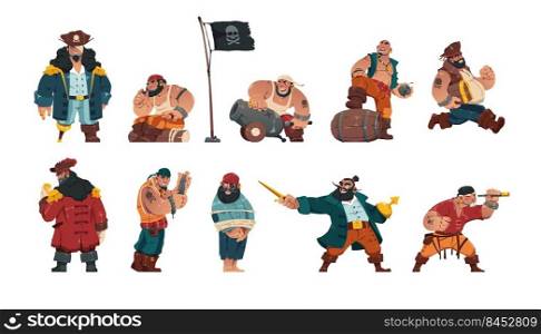 Pirate characters. Cartoon armed male bandit sailors, fantasy marine villains with swords cannons spyglass and pirate flag. Vector collection of characters male pirate, cartoon bandit illustration. Pirate characters. Cartoon armed male bandit sailors, group fantasy marine villains with swords cannons spyglass and pirate flag. Vector isolated collection