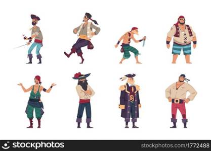 Pirate characters. Cartoon filibusters. Captain of sailboat and marine robbers. Sea criminals crew standing in different poses. Isolated bearded men with bandanas and eye patches. Vector corsairs set. Pirate characters. Cartoon filibusters. Captain of sailboat and marine robbers. Sea criminals standing in different poses. Bearded men with bandanas and eye patches. Vector corsairs set