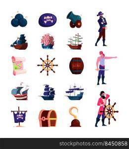 Pirate characters. Old style wooden pirate battleship and aggressive fighters with weapons bottle treasures bomb and spyglass garish vector flat illustrations set of pirate character and boat, hook. Pirate characters. Old style wooden pirate battleship and aggressive fighters with weapons bottle treasures bomb and spyglass garish vector flat illustrations set