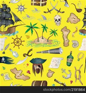 Pirate doodle elements seamless pattern on bright yellow background. Vector illustration.