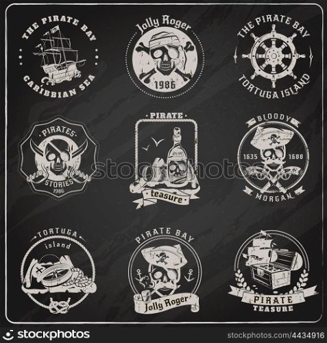 Pirate emblems blackboard chalk set. Famous pirate stories games and legends emblems pictograms set in chalk on blackboard abstract isolated vector illustration