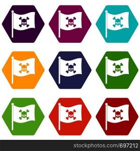 Pirate flag icon set many color hexahedron isolated on white vector illustration. Pirate flag icon set color hexahedron