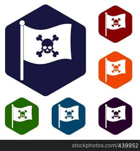 Pirate flag icons set hexagon isolated vector illustration. Pirate flag icons set hexagon