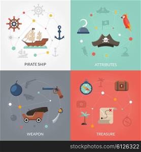 Pirate flat set. Pirate design concept set with ship weapon and treasure flat icons isolated vector illustration