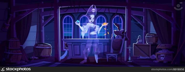 Pirate ghost in cabine on ship at night. Abandoned room with spooky captain corsair holding coin. Scary dark interior halloween vector background cartoon illustration with female character.. Female pirate ghost in cabine on ship at night