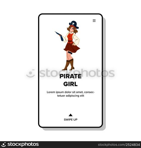 Pirate Girl On Halloween Festival Party Vector. Young Pirate Girl Wearing Hat With Skull And Bones, Holding Vintage Weapon Gun. Character In Carnival Costume Web Flat Cartoon Illustration. Pirate Girl On Halloween Festival Party Vector