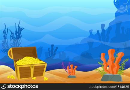 Pirate Gold Treasure Chest Marine Coral Reef Underwater Ocean Illustration