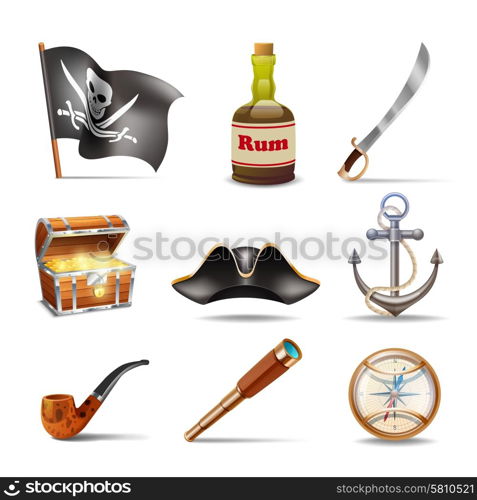 Pirate icons set colorful with jolly roger rum sabre treasure chest looking glass gold compass cocked hat anchor and pipe isolated vector illustration. Pirate icons set colorful