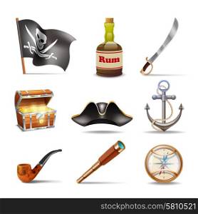 Pirate icons set colorful with jolly roger rum sabre treasure chest looking glass gold compass cocked hat anchor and pipe isolated vector illustration. Pirate icons set colorful