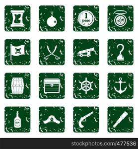 Pirate icons set in grunge style green isolated vector illustration. Pirate icons set grunge