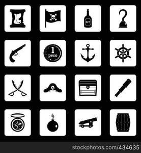 Pirate icons set in white squares on black background simple style vector illustration. Pirate icons set squares vector