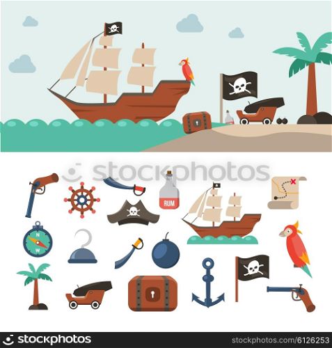 Pirate icons set. Pirate icons flat set with treasure chest sea map jolly roger flag isolated vector illustration