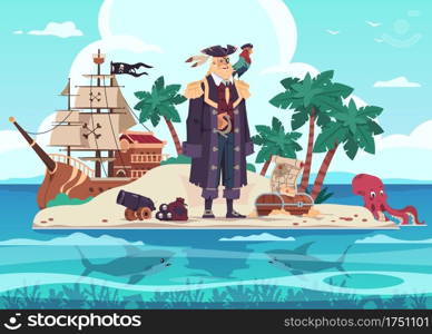 Pirate island. Cartoon kid’s adventure illustration with captain of marine brigands and treasure chest. Predatory sharks and octopus swim in tropical ocean. Vector robber’s wooden ship with black flag. Pirate island. Cartoon kid’s adventure illustration with captain of marine brigands and treasure chest. Sharks and octopus swim in tropical ocean. Vector robber’s ship with black flag