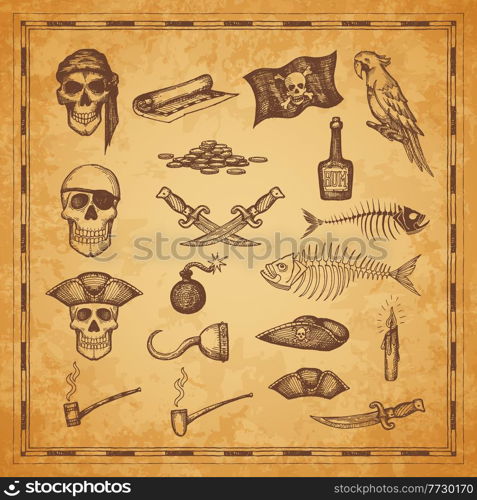 Pirate map and flag, skull, dagger and fish bones, vector sketch elements. Pirate treasure island map icons, weapon, rum bottle and parrot, tobacco pipe, candles and captain hook, sea adventure. Pirate map and flag, skulls, dagger and fish bones