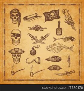 Pirate map and flag, skull, dagger and fish bones, vector sketch elements. Pirate treasure island map icons, weapon, rum bottle and parrot, tobacco pipe, candles and captain hook, sea adventure. Pirate map and flag, skulls, dagger and fish bones