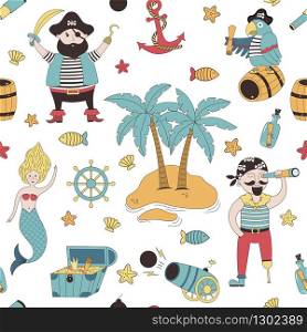 Pirate marine seamless pattern with palm, mermaid, pirates, treasure, fish, a parrot on a white background. Childish vector illustration.