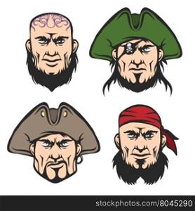 Pirate Mascot Faces Set. Cartoon One eyed captain, boatswain, cannoneer and shipman in cartoon style. Isolated on white.