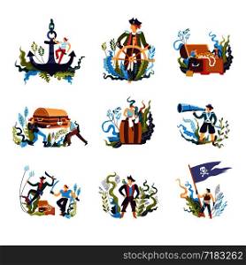 Pirate people with treasures and flag isolated set vector. Males wearing hats with crossbones sign, stealing treasures from ocean and sea bottom. Chests with pearls and necklace, rum drink and anchor. Pirate people with treasures and flag isolated set vector