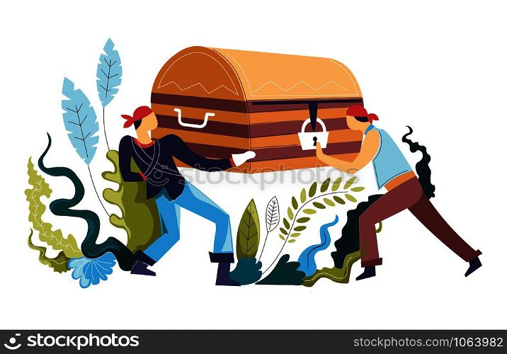 Pirate robbing treasury from bottom of sea seaweeds and decorative flowers vector people with wooden casket stealing locked treasure box with lock piracy men holding container with lots of money. Pirate robbing treasury from bottom of sea seaweeds