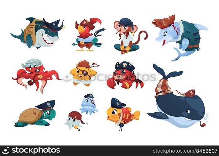 Pirate sea animals. Cartoon nautical animals wearing pirate hats and bandanas, cute brave fish shark monkey parrot crab and turtle. Vector marine characters set of pirate funny wildlife illustration. Pirate sea animals. Cartoon nautical animals wearing pirate hats and bandanas, cute brave fish shark monkey parrot crab and turtle. Vector funny marine characters set