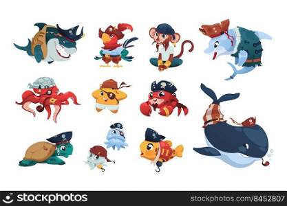 Pirate sea animals. Cartoon nautical animals wearing pirate hats and bandanas, cute brave fish shark monkey parrot crab and turtle. Vector marine characters set of pirate funny wildlife illustration. Pirate sea animals. Cartoon nautical animals wearing pirate hats and bandanas, cute brave fish shark monkey parrot crab and turtle. Vector funny marine characters set
