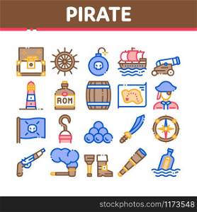 Pirate Sea Bandit Tool Collection Icons Set Vector Thin Line. Pirate Saber And Spyglass, Steering Rudder, Crossed Bones And Skull Flag Concept Linear Pictograms. Color Contour Illustrations. Pirate Sea Bandit Tool Collection Icons Set Vector