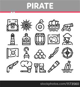Pirate Sea Bandit Tool Collection Icons Set Vector Thin Line. Pirate Saber And Spyglass, Steering Rudder, Crossed Bones And Skull Flag Concept Linear Pictograms. Monochrome Contour Illustrations. Pirate Sea Bandit Tool Collection Icons Set Vector