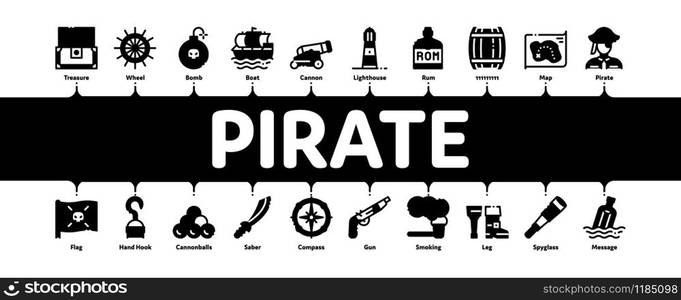 Pirate Sea Bandit Tool Minimal Infographic Web Banner Vector. Pirate Saber And Spyglass, Steering Rudder, Crossed Bones And Skull Flag Concept Illustrations. Pirate Sea Bandit Tool Minimal Infographic Banner Vector