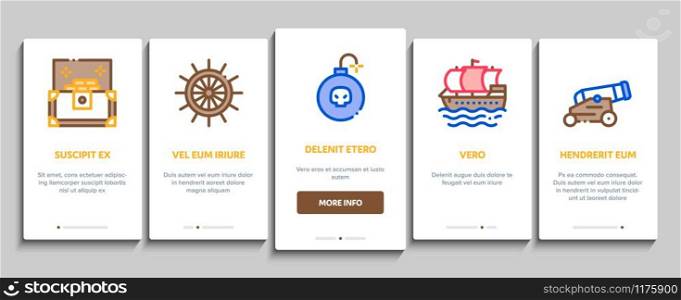 Pirate Sea Bandit Tool Onboarding Mobile App Page Screen Vector. Pirate Saber And Spyglass, Steering Rudder, Crossed Bones And Skull Flag Concept Linear Pictograms. Color Contour Illustrations. Pirate Sea Bandit Tool Onboarding Elements Icons Set Vector