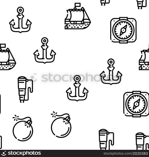 Pirate Sea Robber Vector Seamless Pattern Thin Line Illustration. Pirate Sea Robber Vector Seamless Pattern