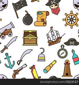 Pirate seamless pattern piracy skull and bones ship and cannon vector flag marine criminal sword and vessel gun and steering wheel endless texture nautical symbols treasures chest and compass map. Nautical symbols pirate seamless pattern marine icons
