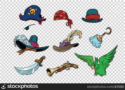 pirate set of knives and hats. Pop art retro illustration. Parrot. pirate set of knives and hats